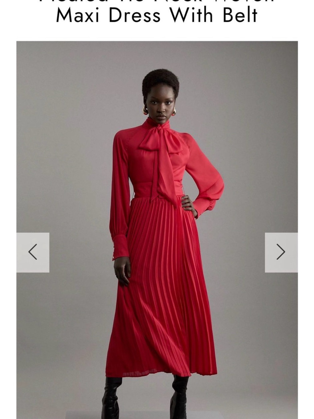 Red Long-Sleeve Pleated Maxi Dress with Neck Tie